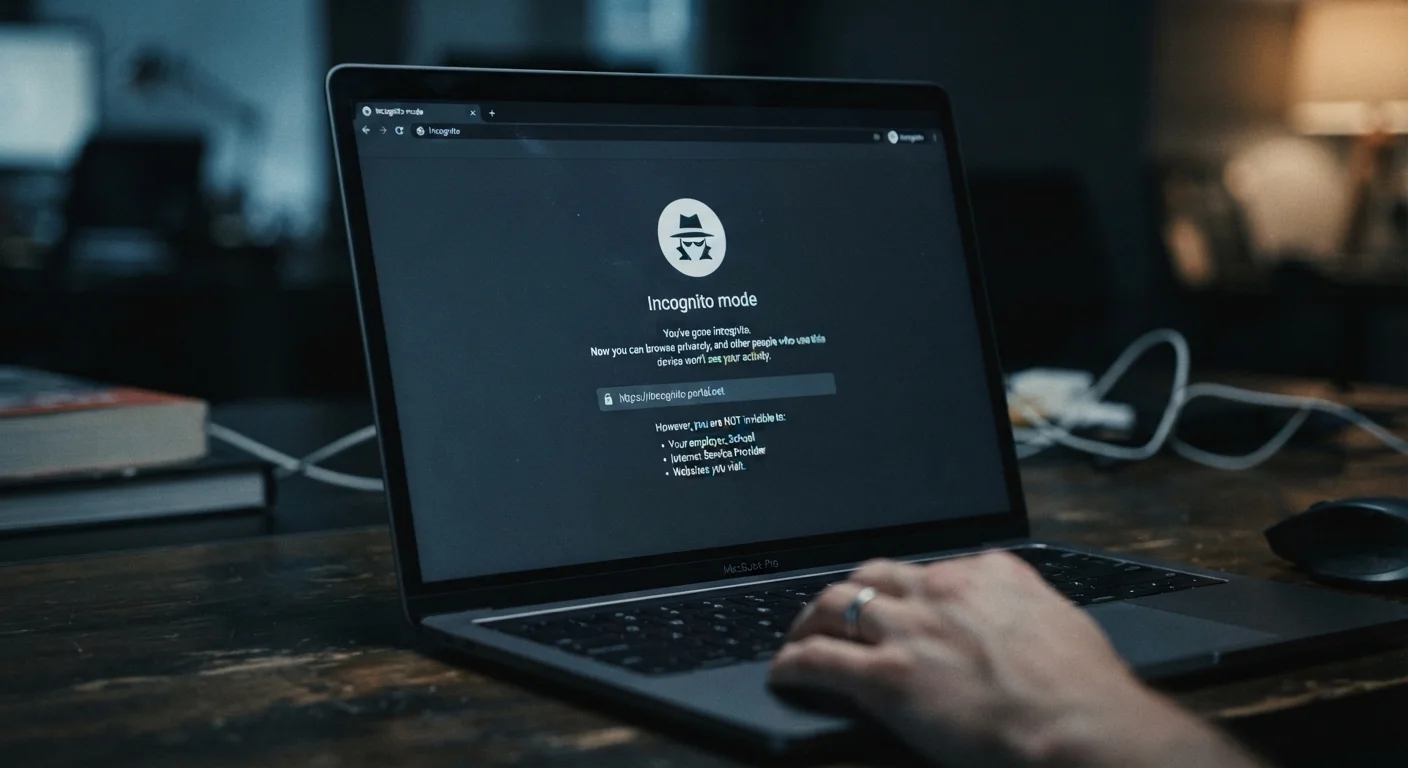 Laptop screen displaying a private browsing window with a masked incognito icon visible