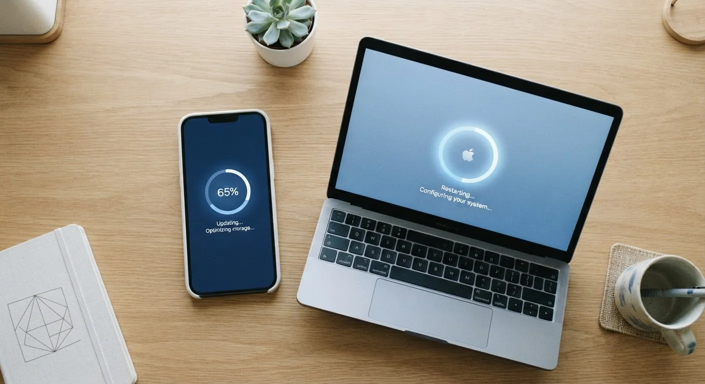 A smartphone and laptop displaying restart screens on a clean desk surface