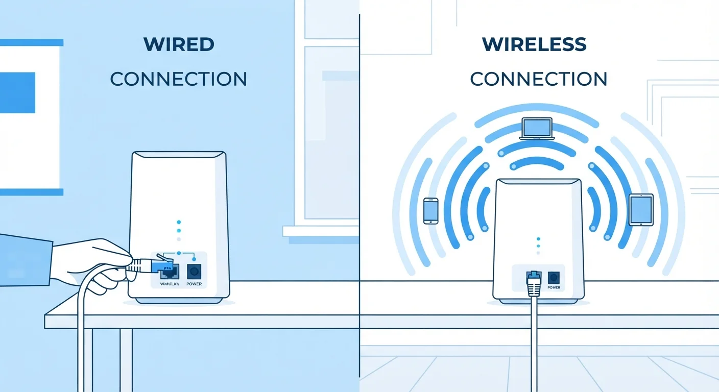 Split illustration contrasting a wired Ethernet cable connection and wireless Wi-Fi signal waves